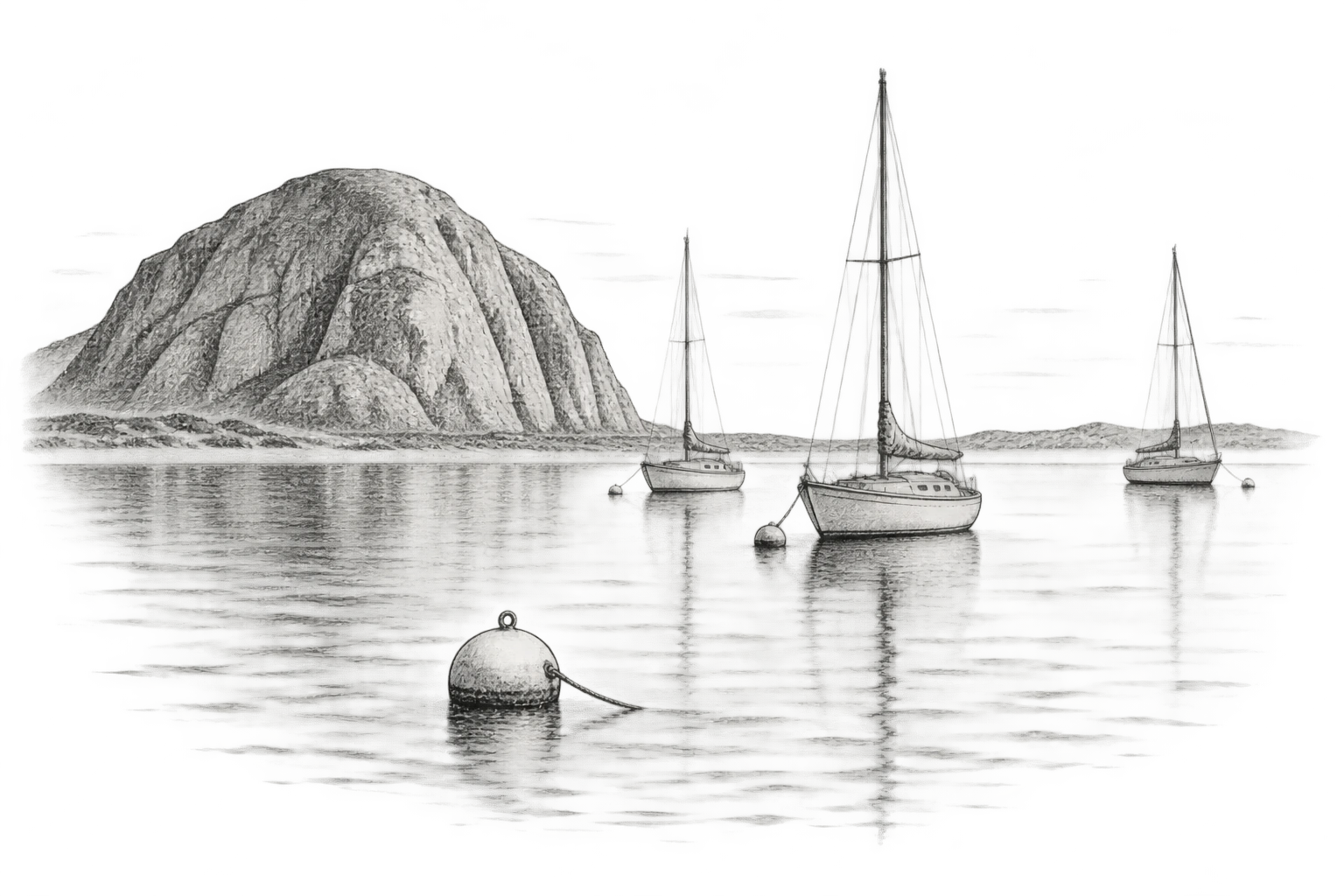 Pen-and-ink Morro Bay harbor: Morro Rock, moored sailboats, and a buoy in the foreground